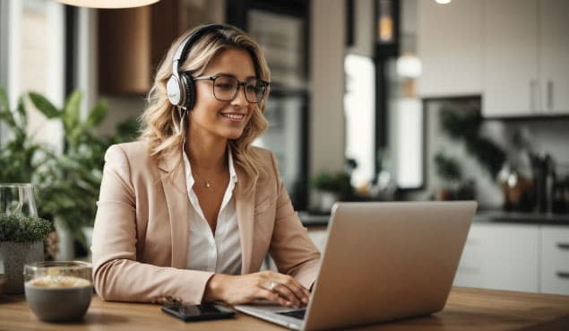 Woman in business attire and headphones sitting at a table working on a laptop